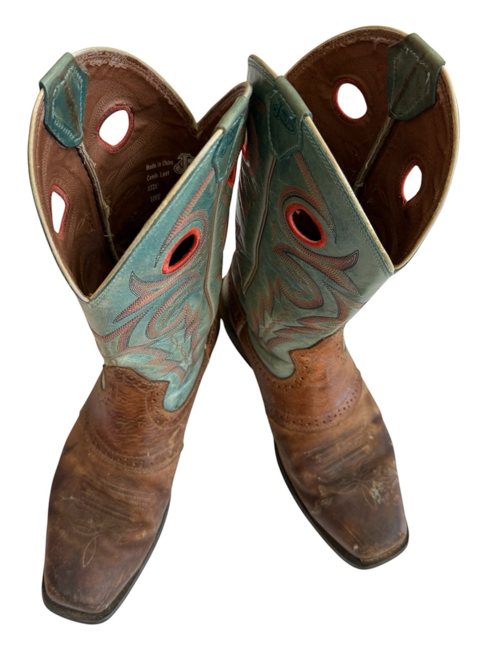 Justin Turquoise & Brown Leather Western Pull-On Cowboy Boots size 10EE, XJ1307